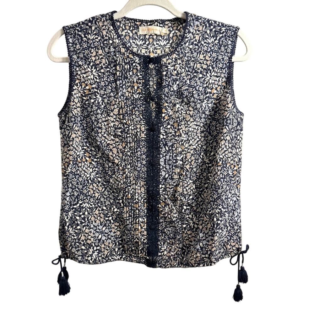 Tory Burch 100% Silk Sleeveless Floral Top Side Ties Navy Tan 6